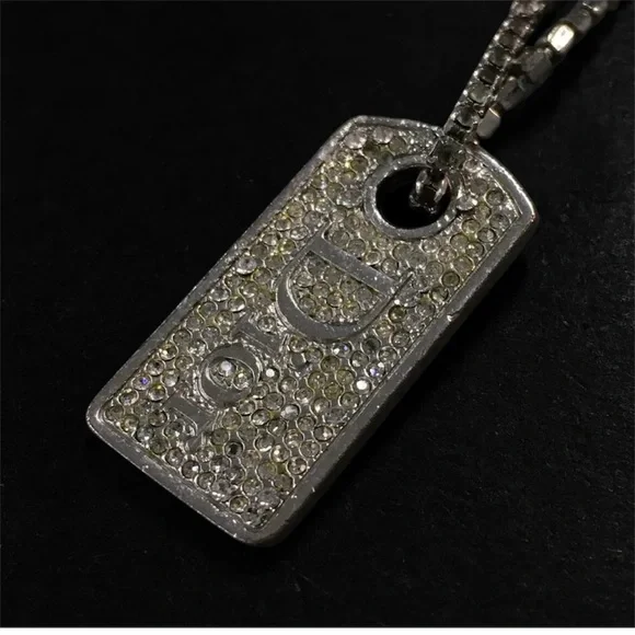 Authentic Christian Dior Logo Plate Rhinestone Silver Tone Pendant Necklace - Picture 16 of 16